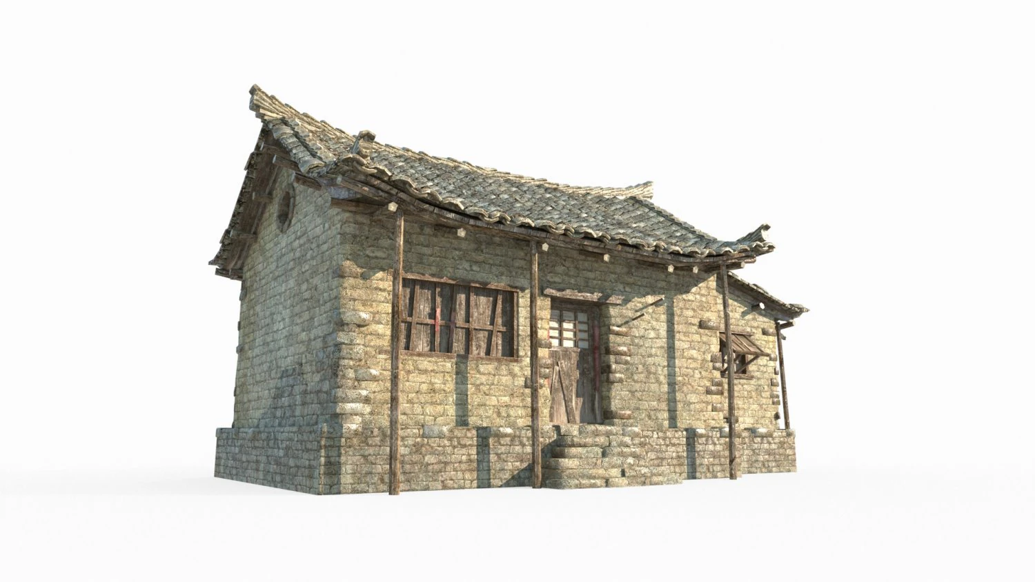Casa de tijolos amarelos de arquitetura antiga do Leste Asi&aacute;tico Modelo 3D .c4d .max .obj .3ds .fbx .stl .blend 