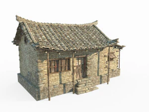 Casa de tijolos amarelos de arquitetura antiga do Leste Asi&aacute;tico Modelo 3D