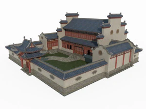 고대 동아시아 건축물의 호화로운 안뜰 3D 모델