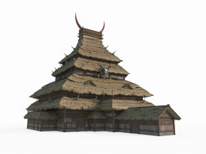 Восточноазиатское древнее здание с соломенной хижиной, место сбора 3D Модель