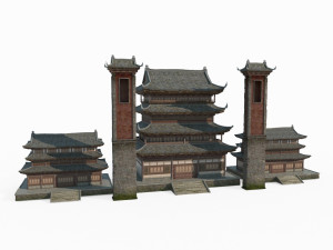 East Asian ancient building large attic Model 3D
