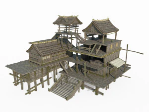 동아시아 고대 건축 어부의 목조 주택 3D 모델