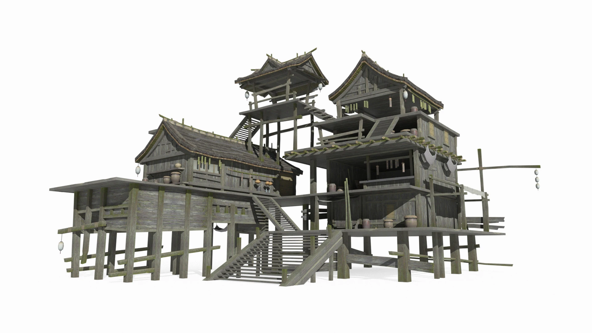 Case dei pescatori di architettura antica dell'Asia orientale Modello 3D .c4d .max .obj .3ds .fbx .stl .blend 