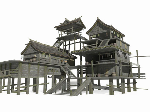 Case dei pescatori di architettura antica dell'Asia orientale Modello 3D