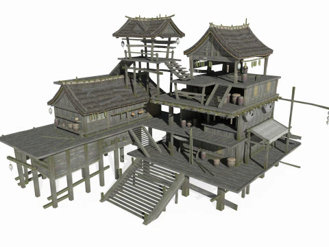 Case dei pescatori di architettura antica dell'Asia orientale Modello 3D