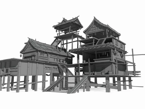 Case dei pescatori di architettura antica dell'Asia orientale Modello 3D