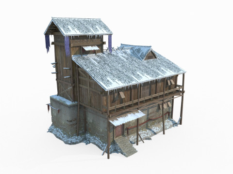 East Asian architecture houses in snow 3D Model