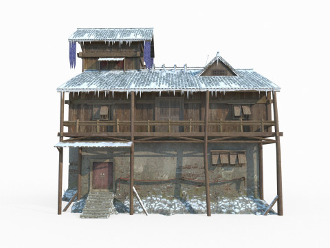 East Asian architecture houses in snow 3D Model