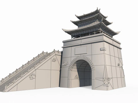Gate of East Asian Ancient Architecture City Tower 3D Model
