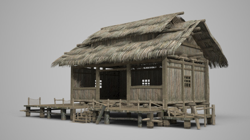 Asian ancient architecture thatched cottage 3D Модель .c4d .max .obj .3ds .fbx .stl .blend 