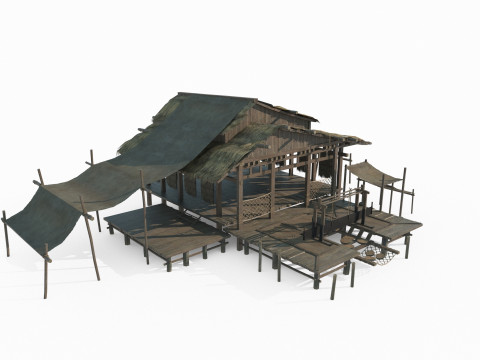 Asian ancient architecture thatched cottage Model 3D