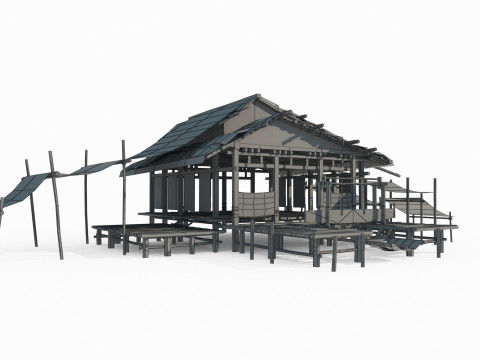 Asian ancient architecture thatched cottage Model 3D