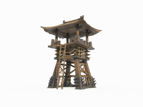 Asian ancient architecture hand-painted style defense tower 3D Model