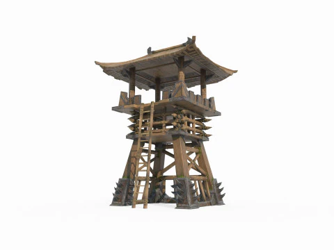 Asian ancient architecture hand-painted style defense tower 3D Model