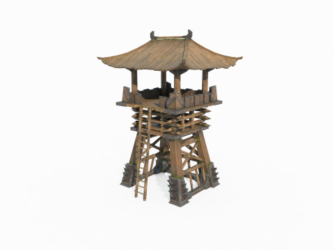 Asian ancient architecture hand-painted style defense tower 3D Model