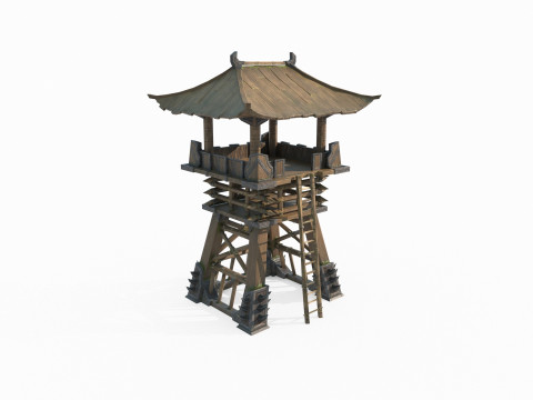 Asian ancient architecture hand-painted style defense tower 3D Model