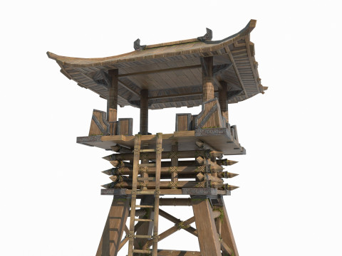 Asian ancient architecture hand-painted style defense tower 3D Model