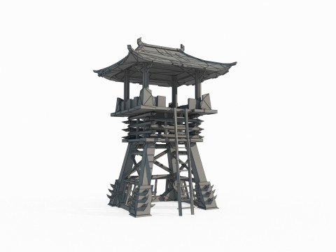 Asian ancient architecture hand-painted style defense tower 3D Model