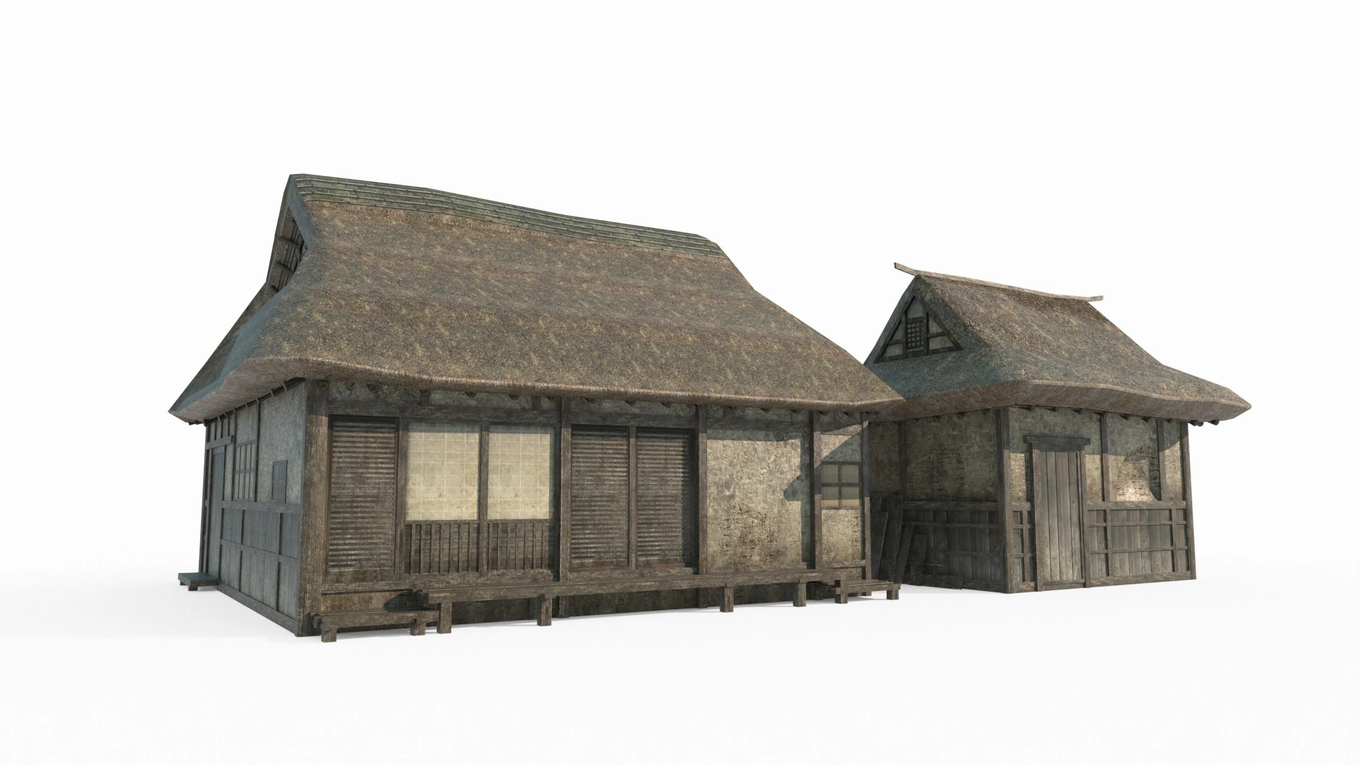Two thatched cottages in ancient Asian architecture 3D Model .c4d .max .obj .3ds .fbx .stl .blend 