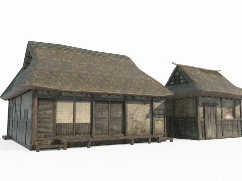 Dua pondok jerami dengan arsitektur Asia kuno Model 3D