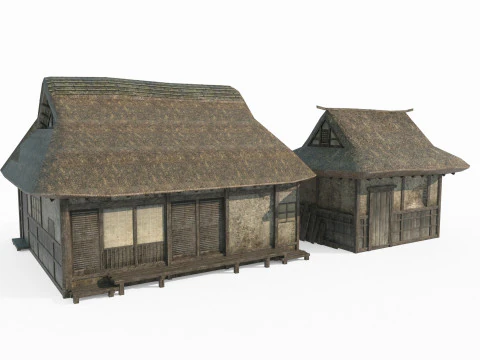 Two thatched cottages in ancient Asian architecture 3D Model