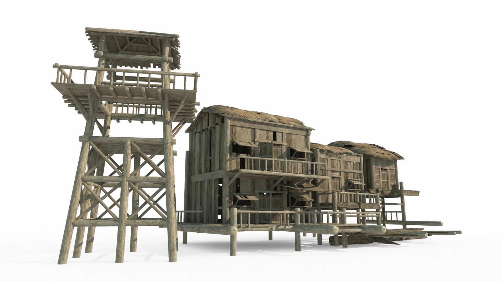 Ancient Asian architecture rows of thatched cottages 3D Model .c4d .max .obj .3ds .fbx .stl .blend 