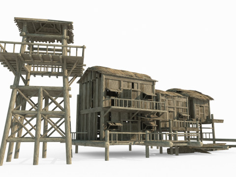 Ancient Asian architecture rows of thatched cottages Modèle 3D