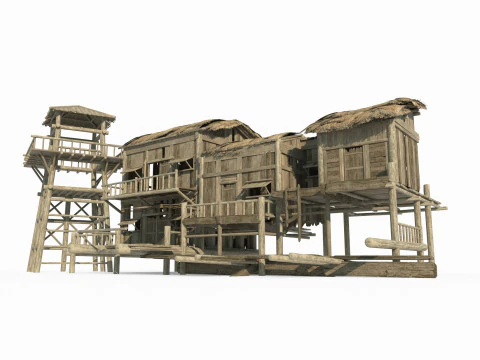 Ancient Asian architecture rows of thatched cottages 3D Model