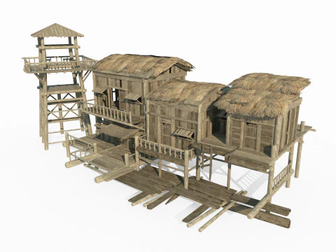 Ancient Asian architecture rows of thatched cottages 3D Model