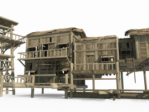 Ancient Asian architecture rows of thatched cottages 3D Model