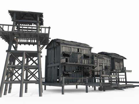 Ancient Asian architecture rows of thatched cottages 3D Model