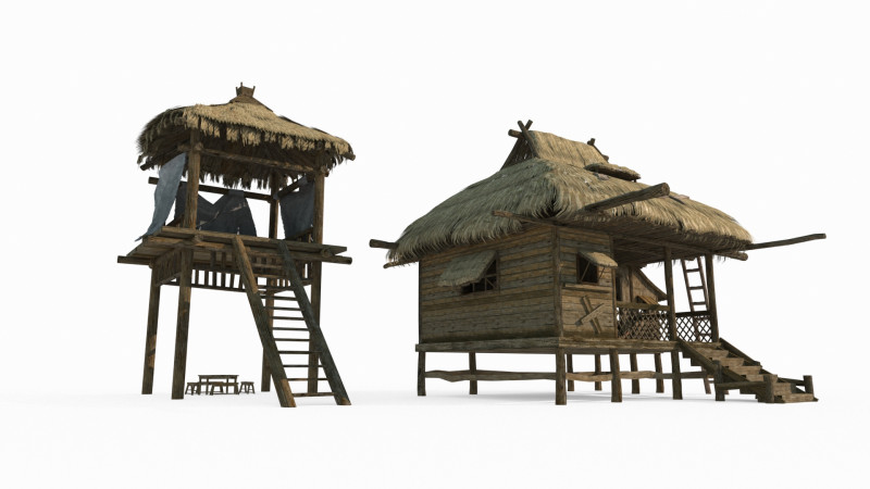 Ancient Asian Thatched Houses 3D Model .c4d .max .obj .3ds .fbx .stl .blend 