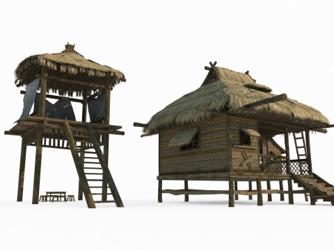 Ancient Asian Thatched Houses 3D Model