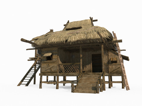 Ancient Asian Thatched Houses 3D Model