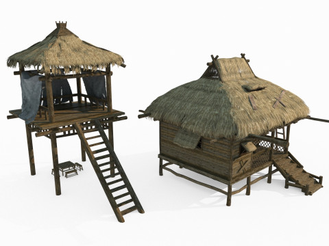 Ancient Asian Thatched Houses 3D Model