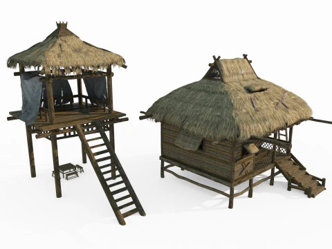 Ancient Asian Thatched Houses 3D Model