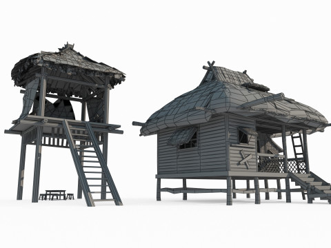 Ancient Asian Thatched Houses 3D Model