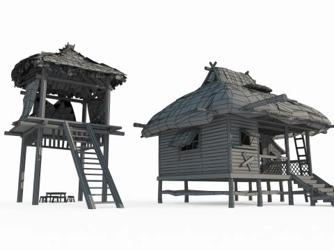 Ancient Asian Thatched Houses 3D Model