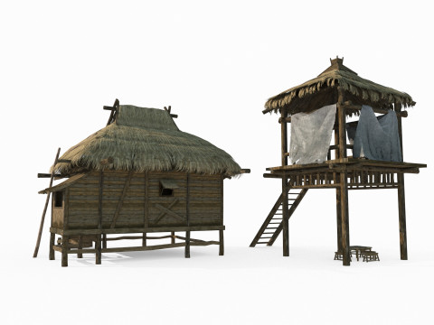 Ancient Asian Thatched Houses 3D Model