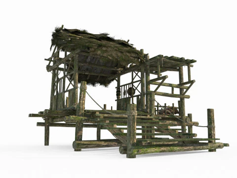 Asiatische antike Architektur mit strohgedeckter Pergola 3D Modell