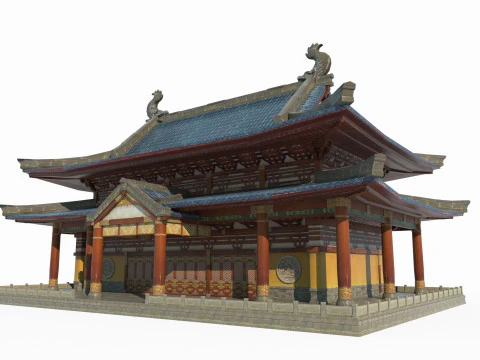 Ancient Asian Hand-Drawn Style Temple 3D Model