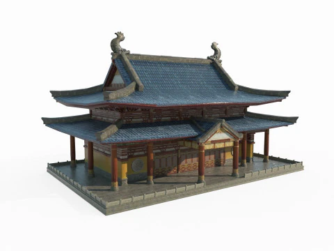 Ancient Asian Hand-Drawn Style Temple 3D Model