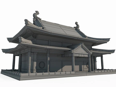 Ancient Asian Hand-Drawn Style Temple 3D Model