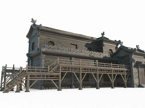Alte asiatische Architekturmontage-Fliesenh&auml;user 3D Modell