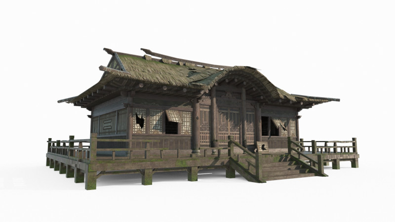 The dilapidated thatched living room in ancient Asian architecture Model 3D .c4d .max .obj .3ds .fbx .stl .blend