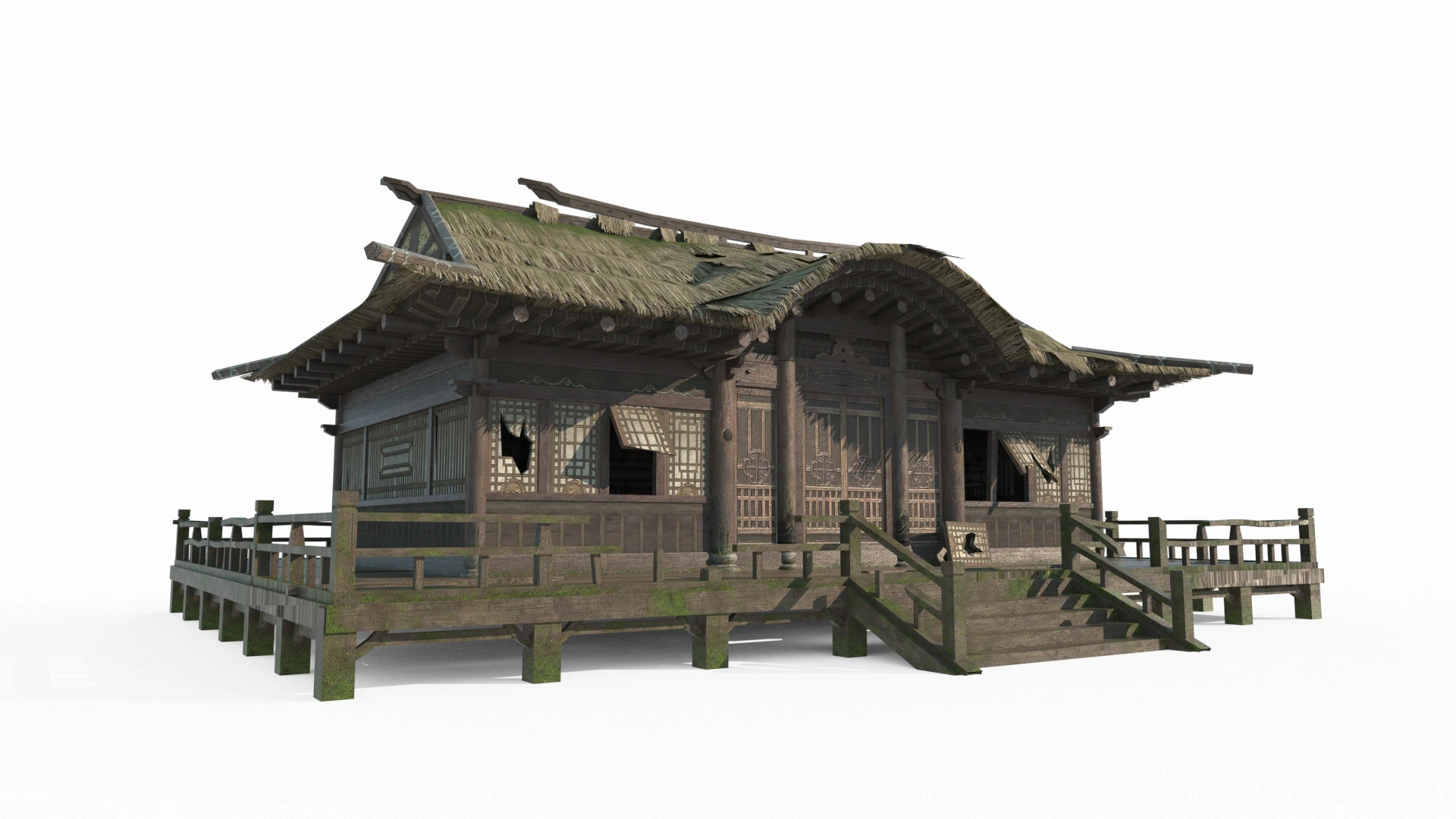 The dilapidated thatched living room in ancient Asian architecture 3D Model .c4d .max .obj .3ds .fbx .stl .blend 