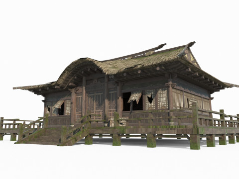 The dilapidated thatched living room in ancient Asian architecture Model 3D