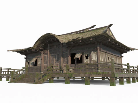 The dilapidated thatched living room in ancient Asian architecture 3D Model