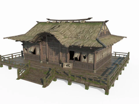 The dilapidated thatched living room in ancient Asian architecture 3D Model
