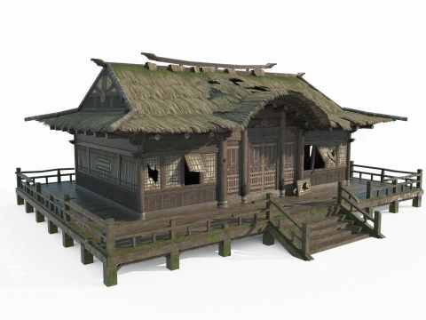 The dilapidated thatched living room in ancient Asian architecture 3D Model